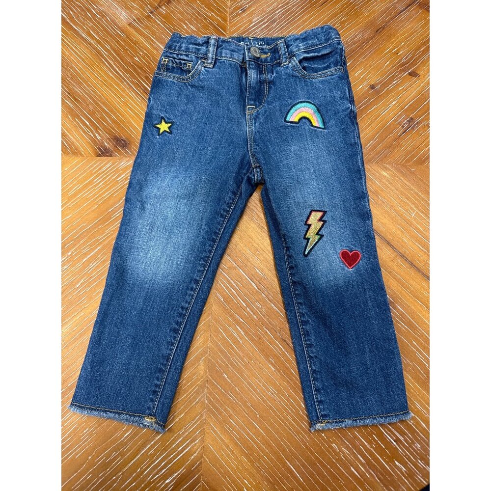 BabyGap Medium Wash Denim Jeans With Rainbow & Star Patches Frayed Hem Size 3 Yr